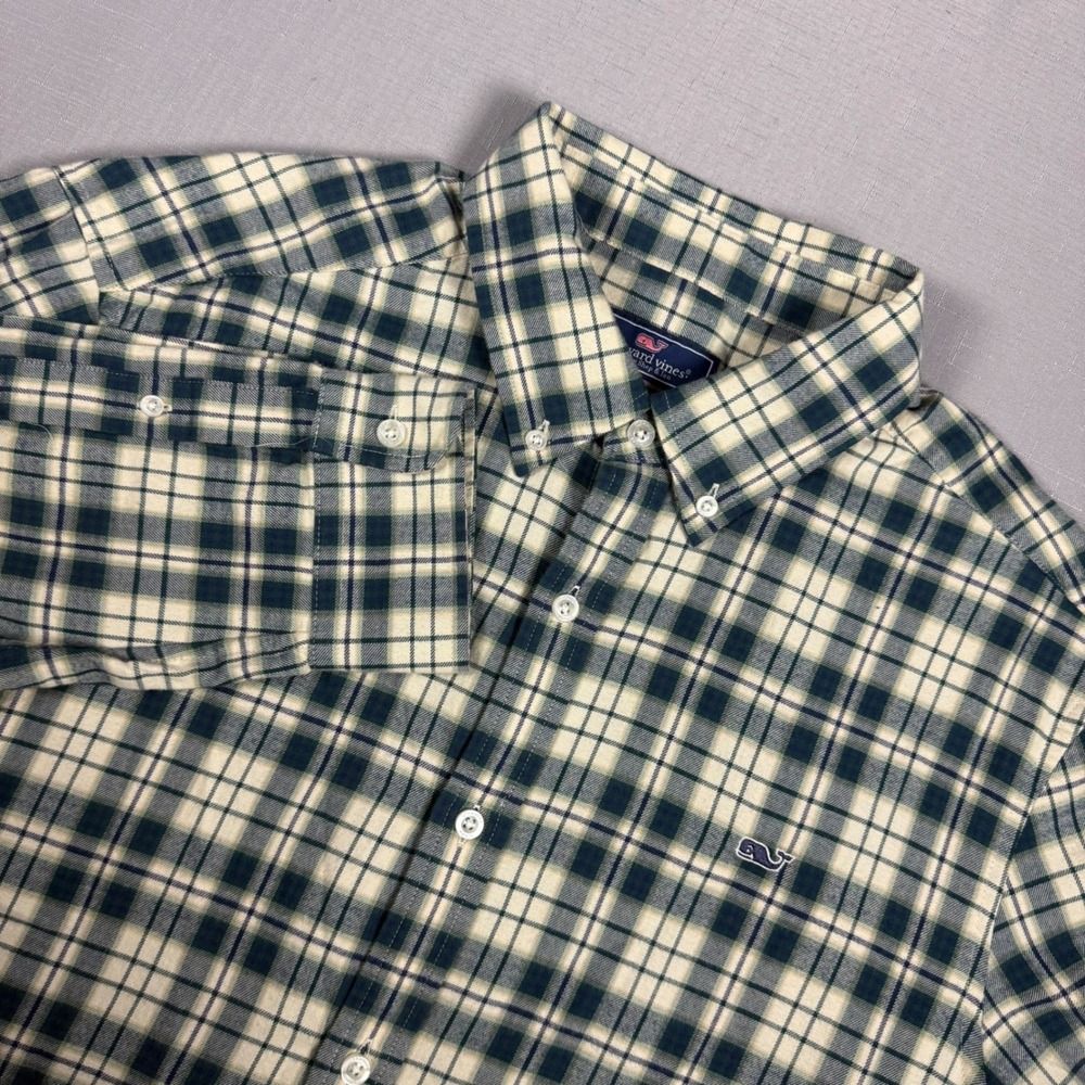Vineyard Vines Mens Large Classic Fit Whale Shirt Green Plaid Cotton Button Down